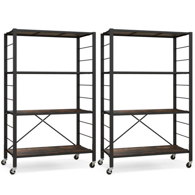 2pcs 4-Tier Foldable Storage Shelf Collapsible Shelving Unit Display w/ Lockable Wheels Storage Rack