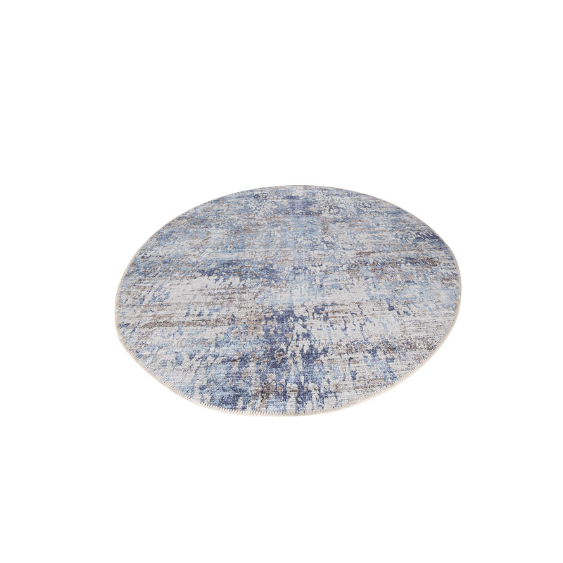 Abstract Machine Washable Area Rug Woven in Blue/Cream/Gray, Round 5'3"