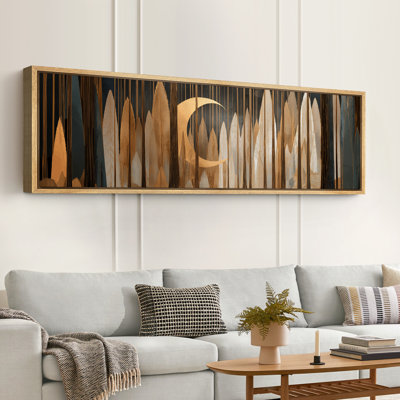 Art déco, croissant de lune doré, forêt, très grand, reproduction d'art sur toile encadrée