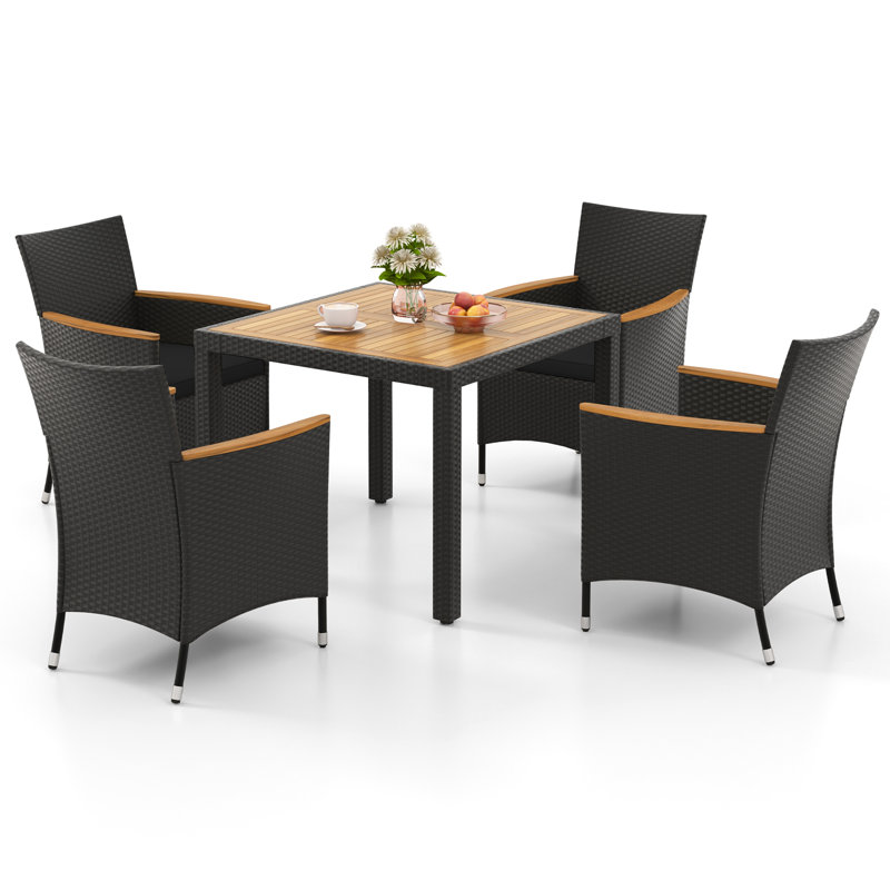 Ensemble de table de salle à manger 5 pièces pour 4 chaises en rotin avec trou pour parasol - noir