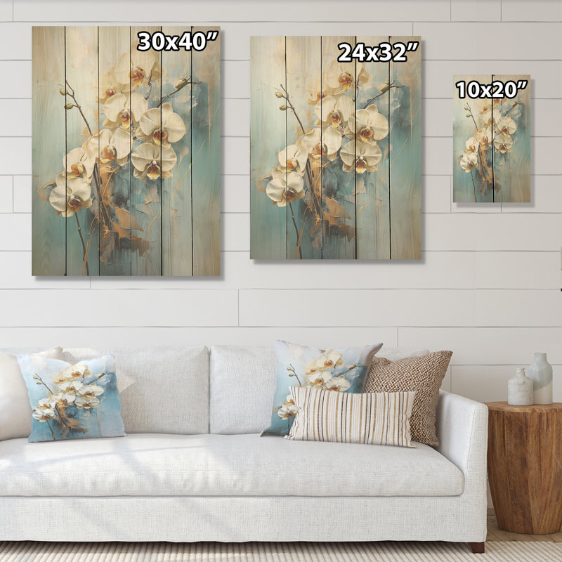 Orchidée bleue et dorée - orchidées sur bois de pin naturel, H 32 po x l 24 po