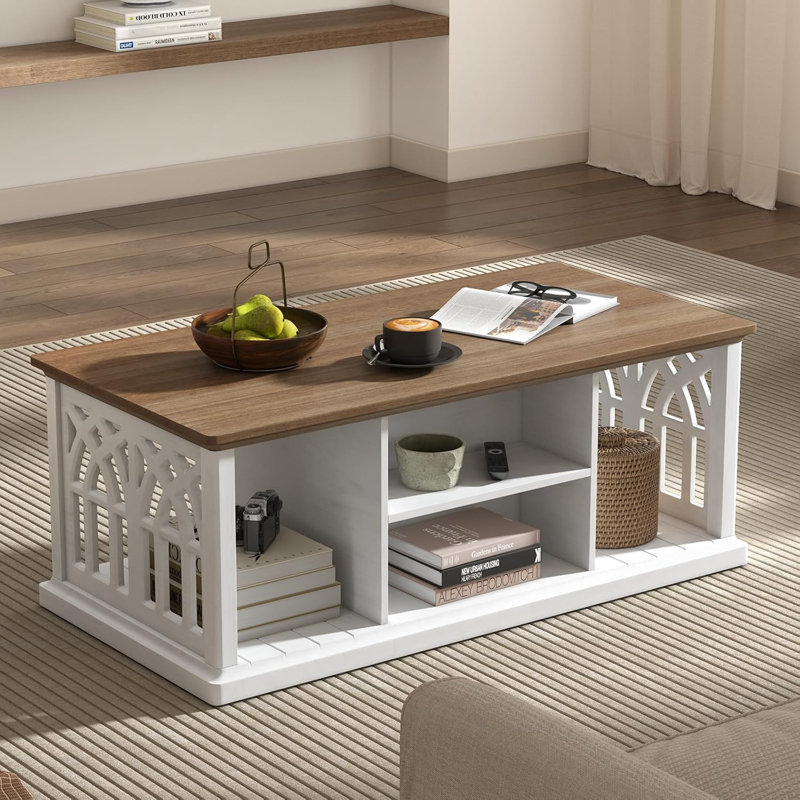 Coffee Table With Storage And Drawers,Rustic Rectangular Centre Table With Solid Wood Legs And Open Shelves,For Living Room,Office,Antique White