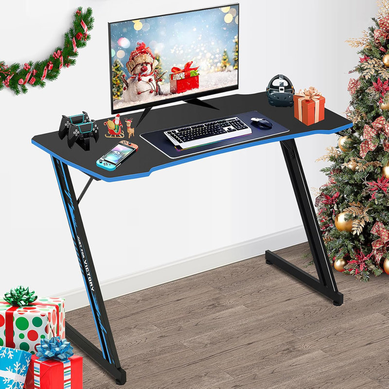 Dkelincs Red Gaming Desk Z-Shaped Game Desk Table, Blue, 29.5" H x 39.4" W x 23.6" D, Black/Blue