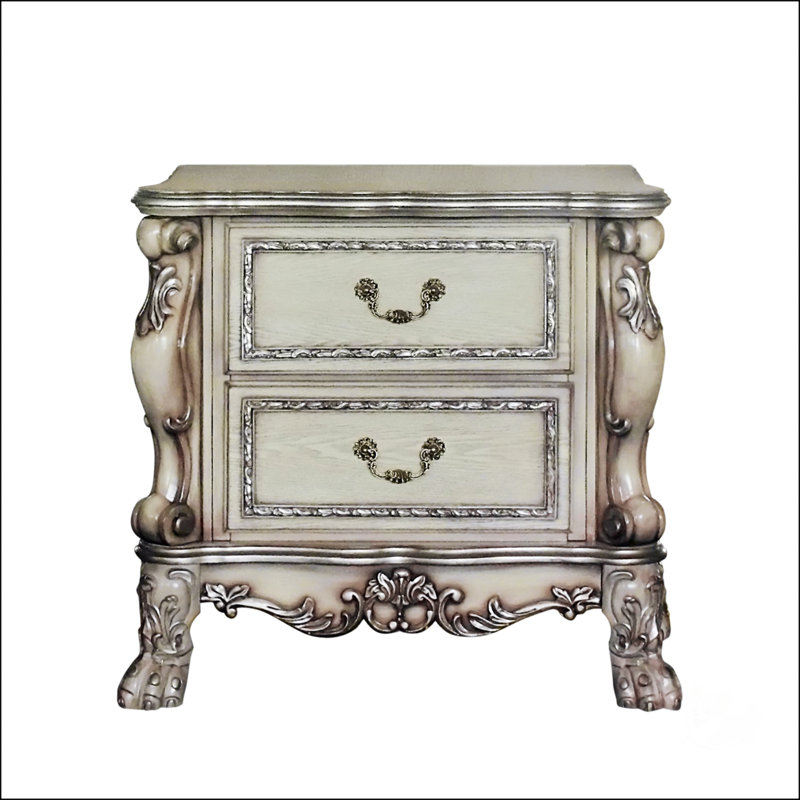 Table de chevet traditionnelle avec 2 tiroirs, Blanc antique