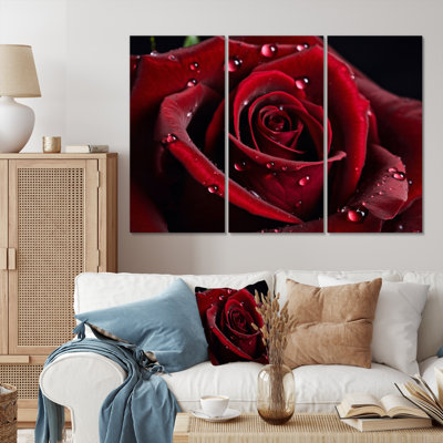 Rose rouge avec gouttes de pluie III - 3 pièces sur toile tendue