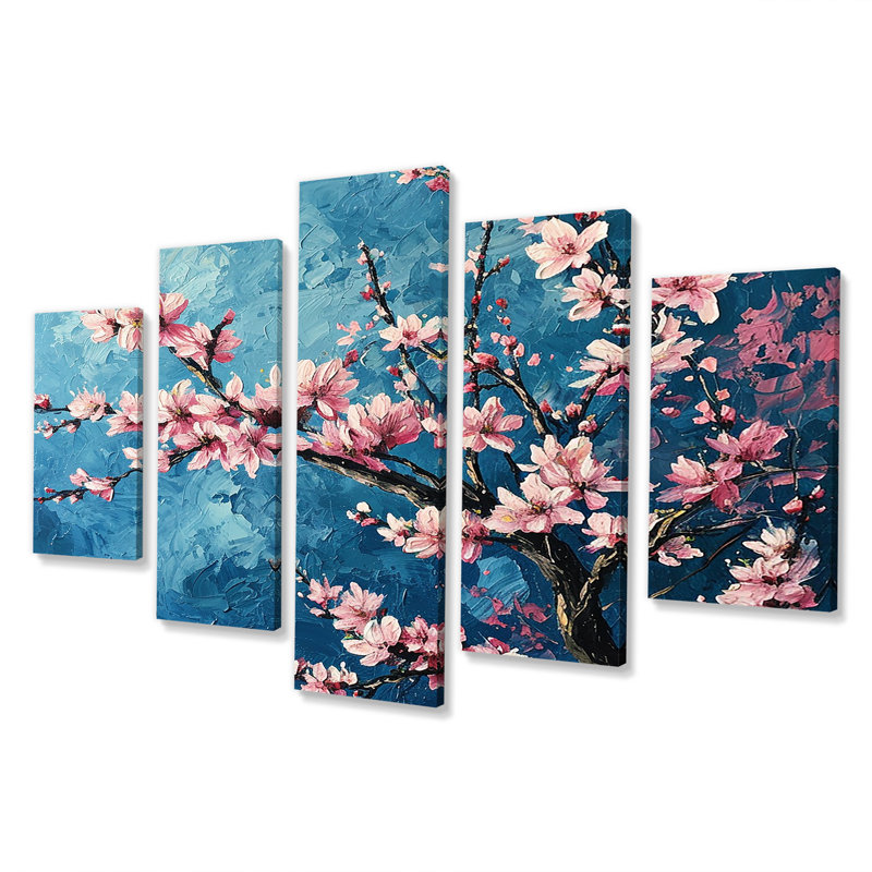 Fleur de cerisier rose sur fond de ciel bleu peint - art mural fleur de cerisier 5 pièces
