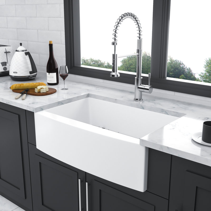Évier de cuisine en céramique blanc à cuve simple 33 po avec façade à arche élégante, performance à long terme, grille de vaisselle en céramique, façade pour cuisine moderne et pratique, dommages, accessoires