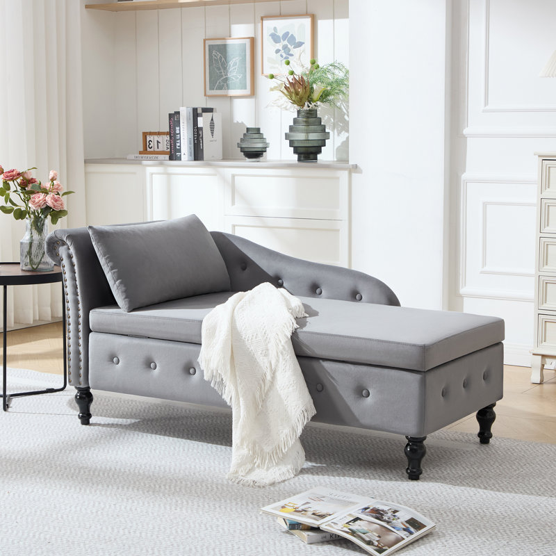 Chaise longue de rangement en velours Eastham, Gris foncé, Orienté à droite