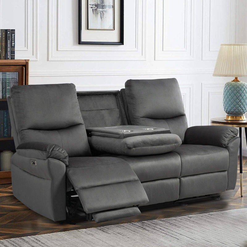 Chinenye 78'' Power Reclining Sofa with Drop-Down Table & USB Charging, Gray Microsuede