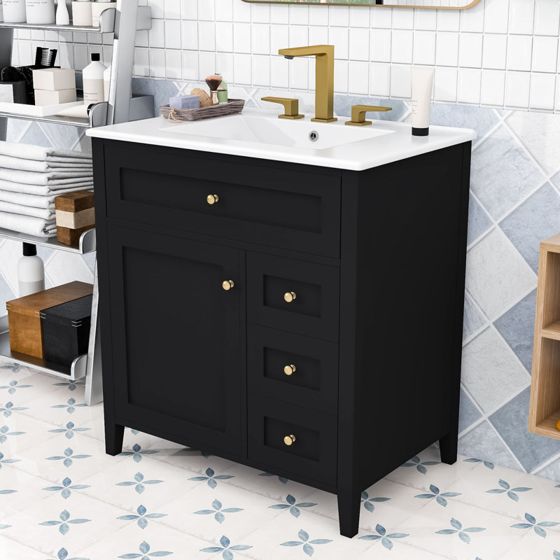Meuble-lavabo autoportant élégant avec tiroirs spacieux, rangement réglable et lavabo en céramique, Noir