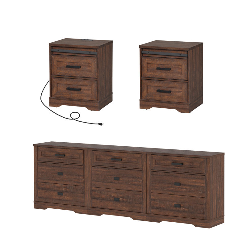 Ensemble 5 pièces de commode et table de chevet Laziza, commode 94,5 pouces avec 9 tiroirs et 2 tables de chevet avec 1 station de recharge