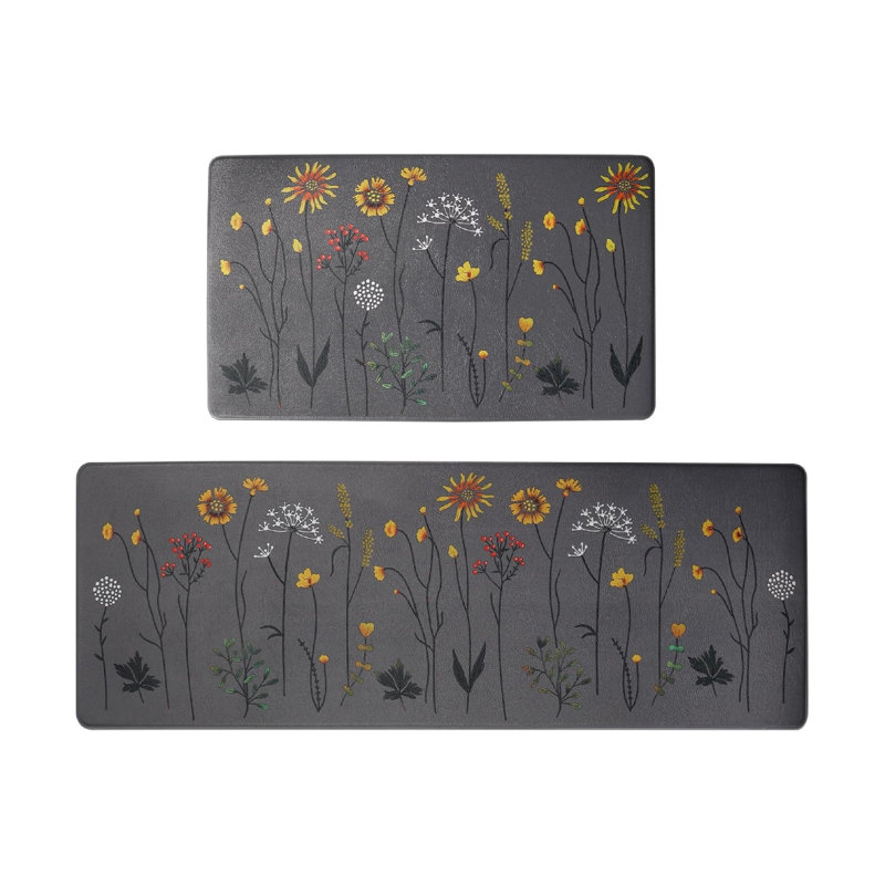 Colourful Flower 2 Pieces Kitchen Rug Set, Non-Slip and Washable Kitchen Mat