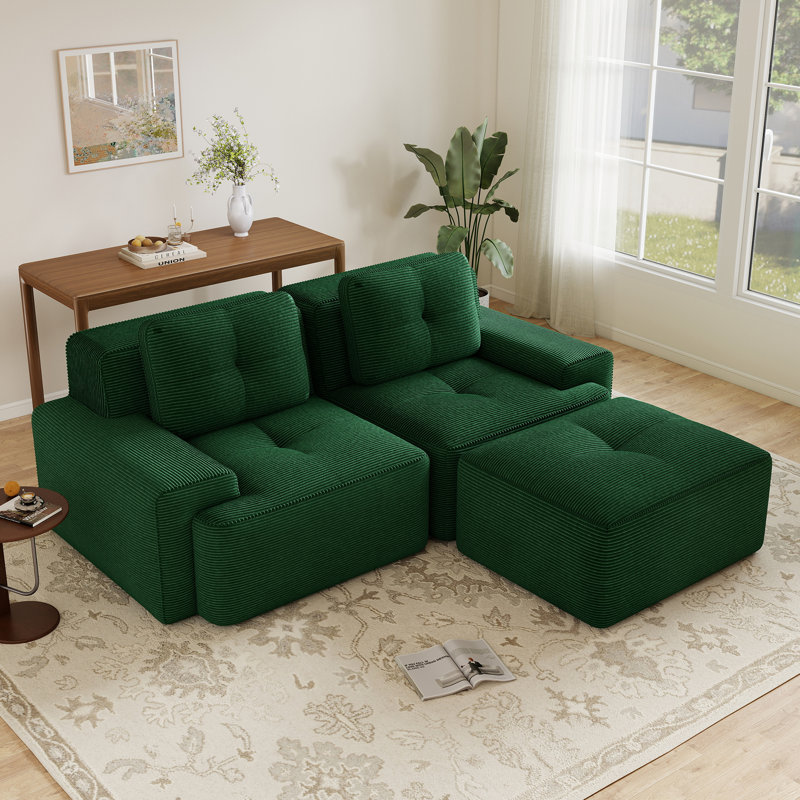 Canapé modulaire moderne en forme de L, tissu de velours côtelé à compression et sans assemblage, Vert