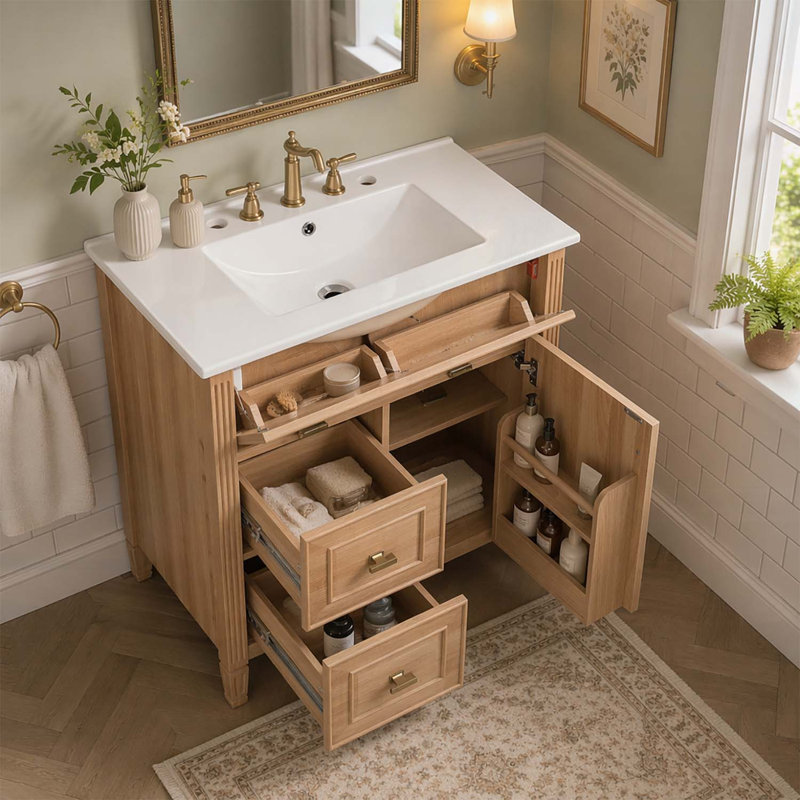 Meuble-lavabo de salle de bain avec lavabo, tiroir rabattable, deux tiroirs, tablette réglable