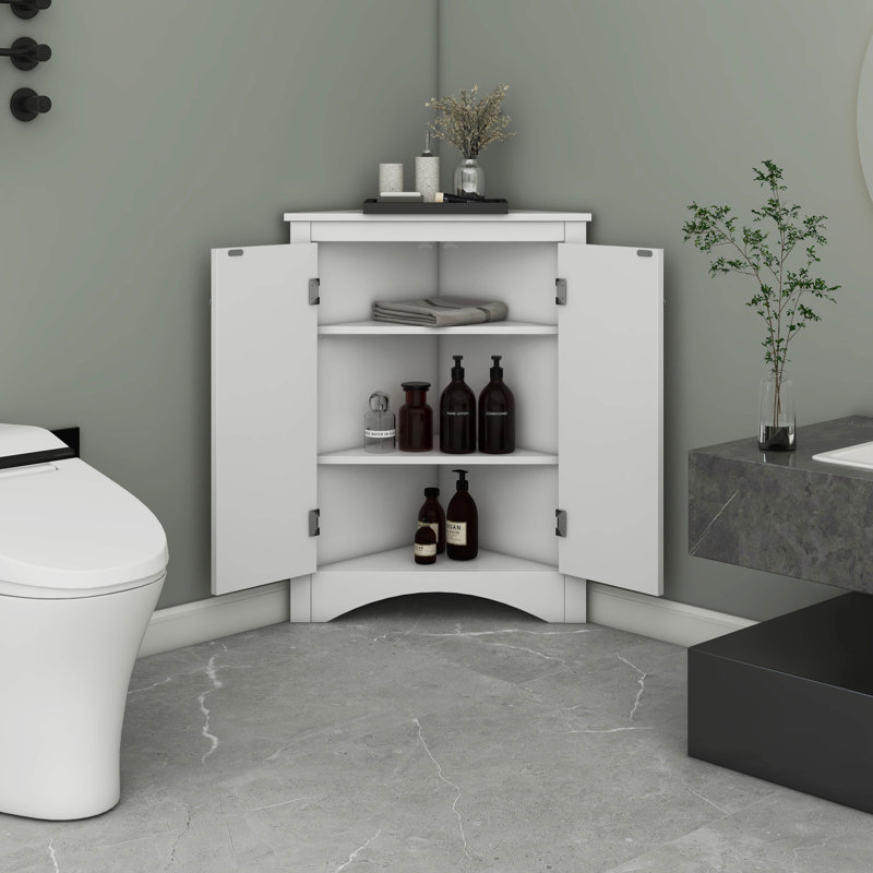 Armoire de rangement triangulaire pour salle de bain avec tablettes réglables, Blanc