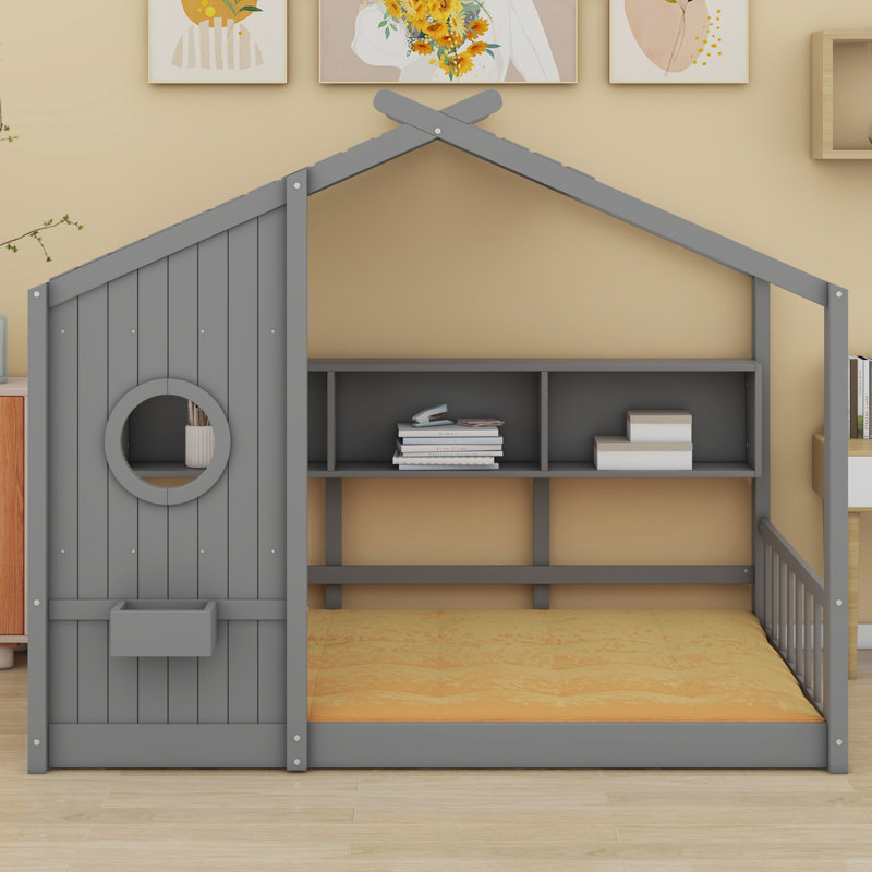 Lit sur pied avec toit et tablette de rangement, Gray