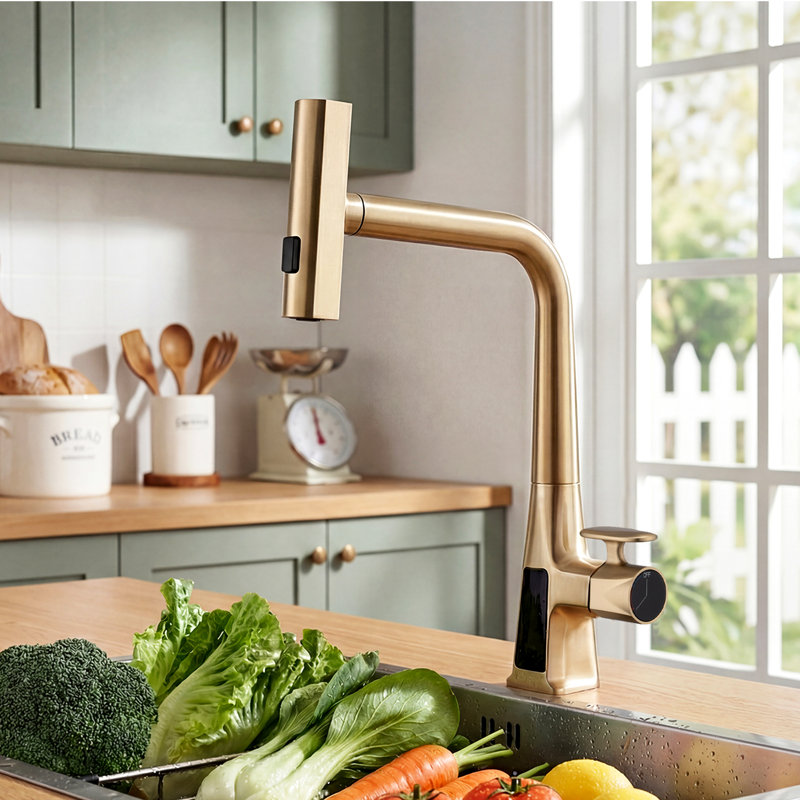Robinet de cuisine à cascade avec pulvérisateur rétractable, affichage de la température, poignée simple, 3 modes de débit