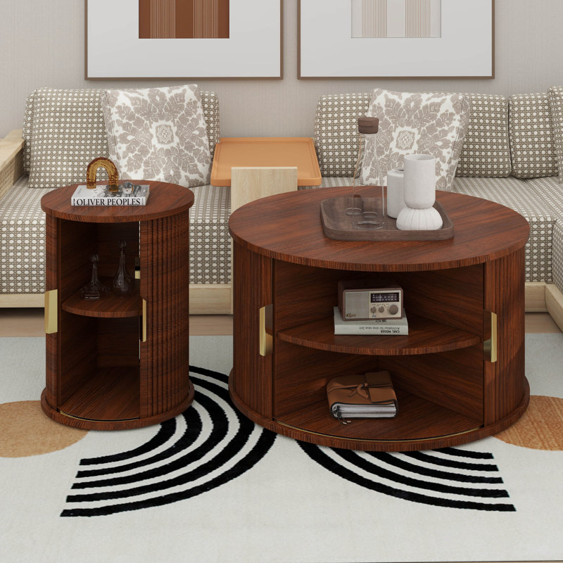 Ensemble de 2 tables basses rondes avec porte tambour ronde Mid-Century, Noyer
