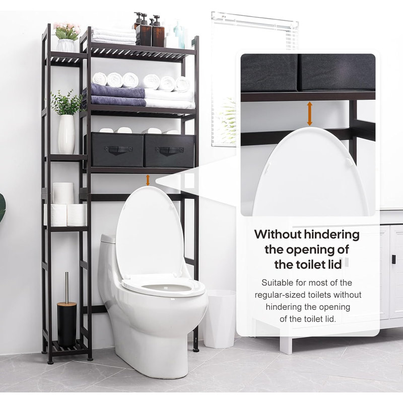Brown Bamboo Adjustable Over-the-Toilet Storage Rack with Basket and Drawer