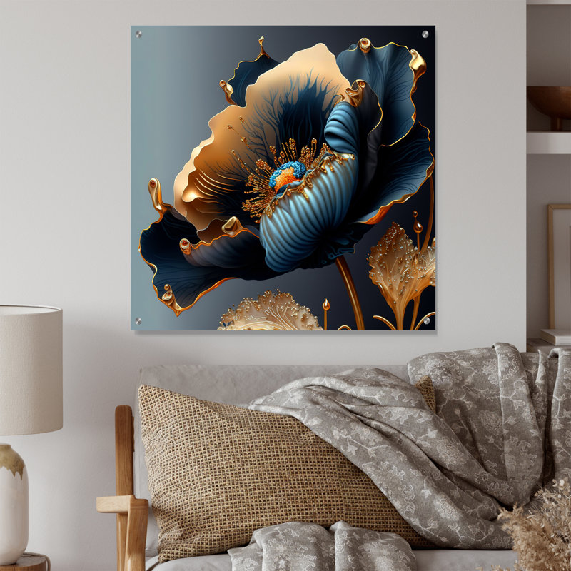 Art mural acrylique floral pour salon bleu profond et doré III, H 16 po x l 16 po