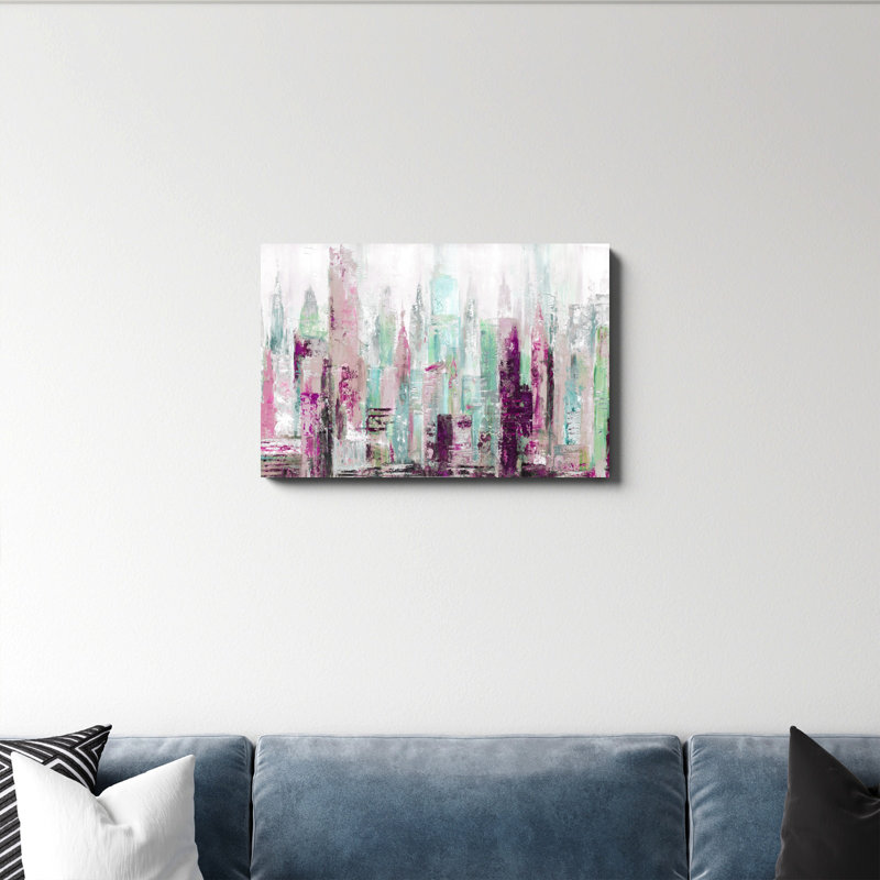 " Pink Abstract Cityscape " Painting Print, 20" H x 30" W  , No, Walnut Framed Canvas