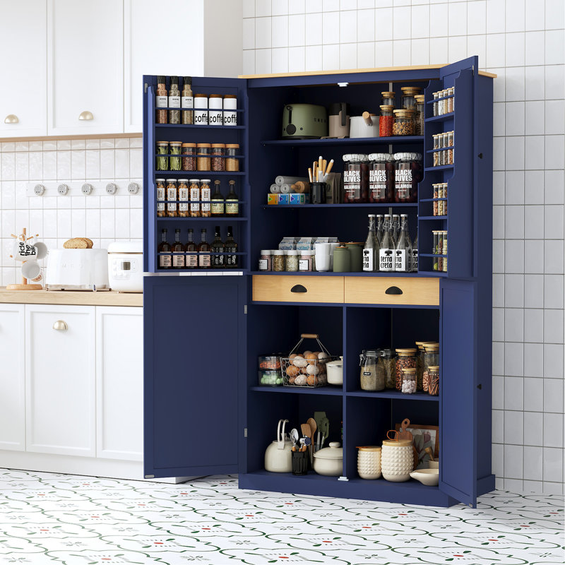 40.2X20x71.3Inch High Freestanding Kitchen Pantry Large Cupboard Storage Cabinet With 2 Drawers, 2 Adjustable Shelves, 8 Door Shelves For Kitchen, Dining Room,Blue