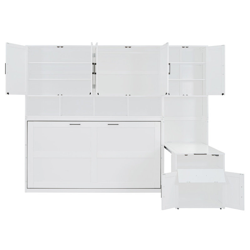 Lit escamotable mural simple avec placard, tiroirs et bureau - blanc