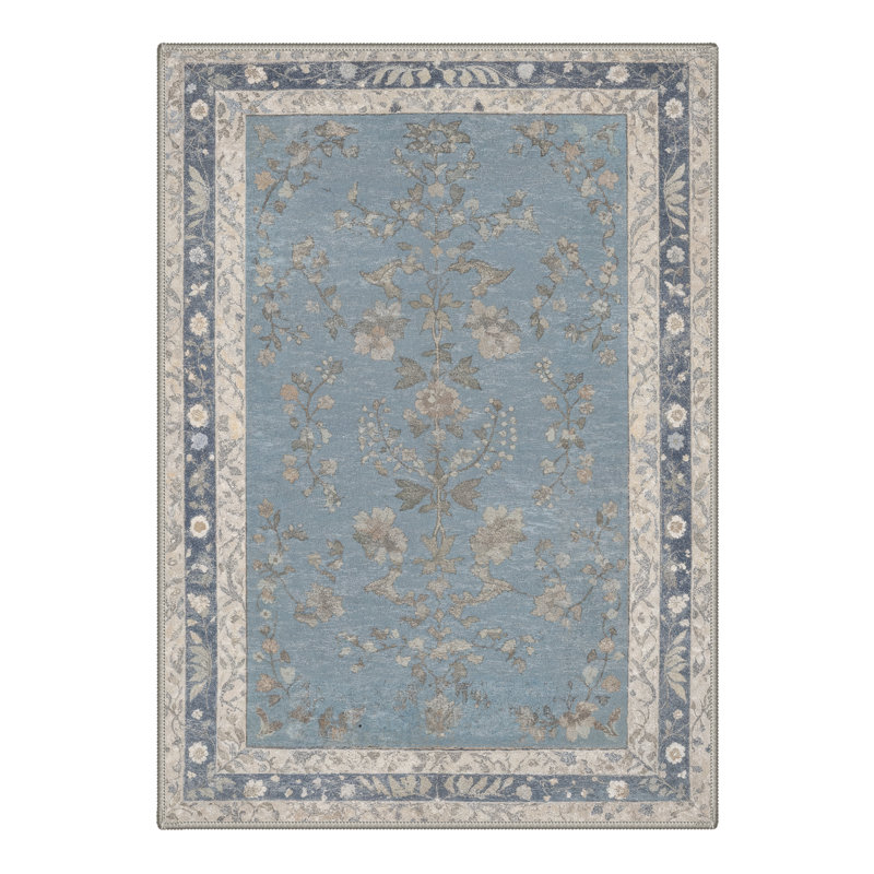 Tapis d'intérieur à motif floral brume / beige Amboy Verdant, lavable à la machine, avec envers antidérapant