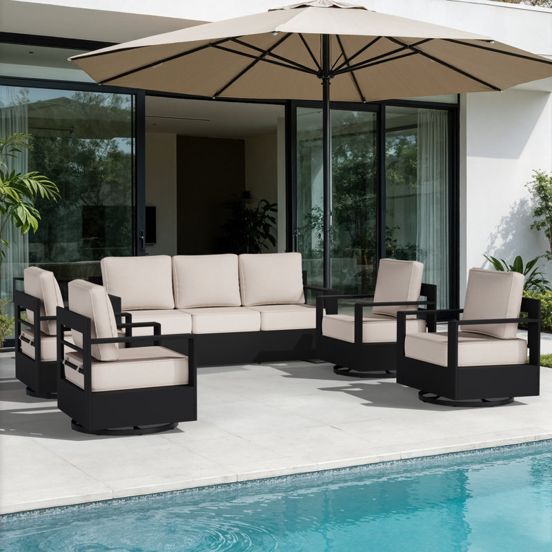 Ensemble de mobilier d'extérieur moderne en aluminium 5 pièces avec 4 chaises pivotantes et coussins beiges Abdullah, Beige