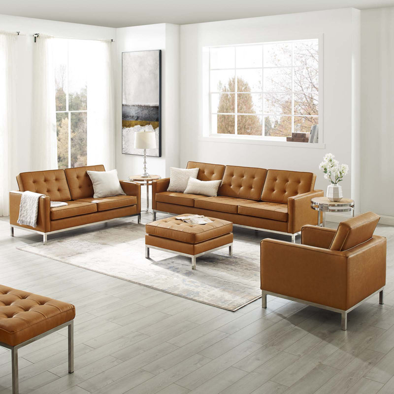 Ensemble de 3 pièces en similicuir capitonné Loft, Similicuir brun clair