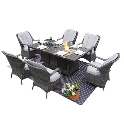 Moda 70 In. X 39 In. X 27 In. Rectangular Wicker Outdoor Gas Fire Pits Dining Setx