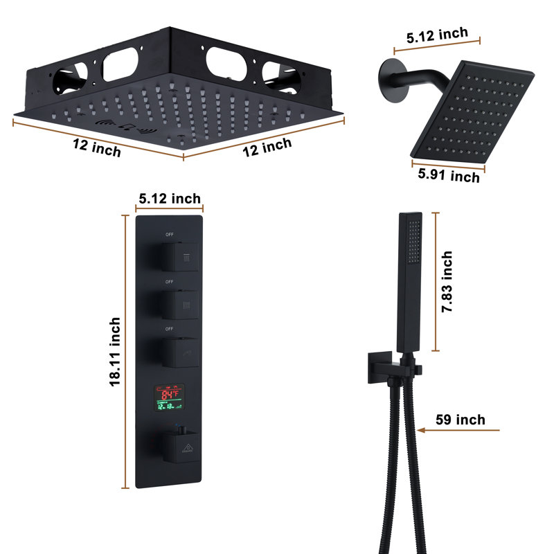 Matte Black 12" LED Rain Shower System with Bluetooth Speaker