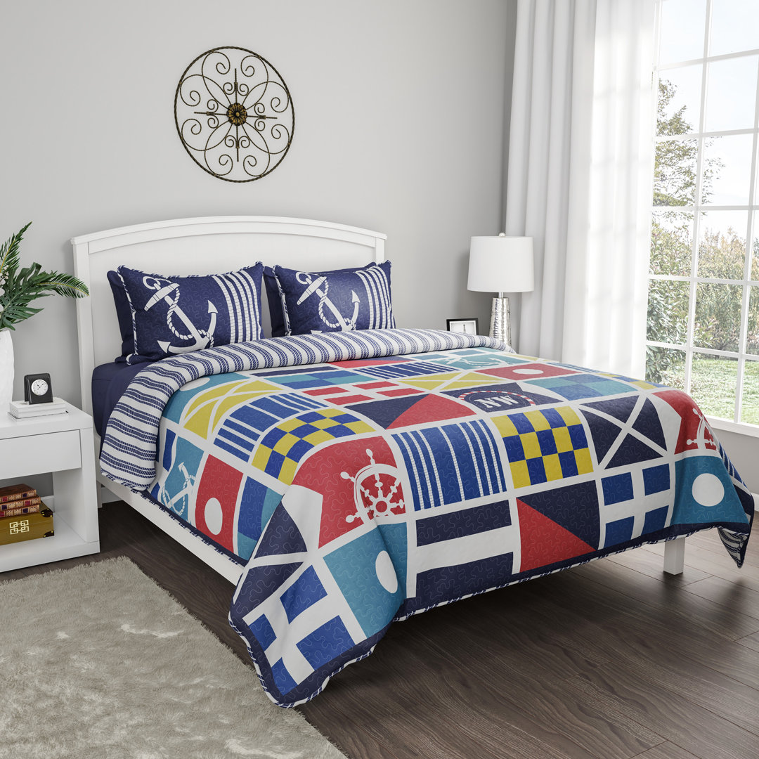  Reversible Coastal-Themed Quilt Set with Sham - Hypoallergenic Microfiber Bedding Plymouth Home 