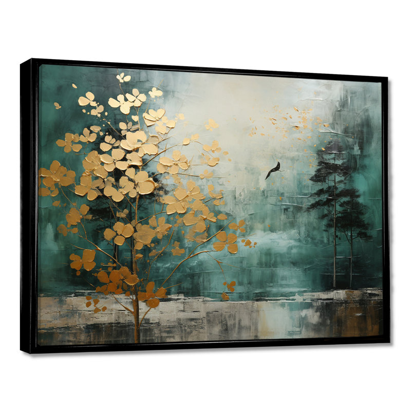 Golden Emerald Forest - Abstract Spirals Framed Art, Black Floater Framed, 34" H x 44" W