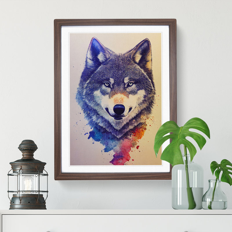Painted Wolf No.6 - Wall Art, 66cm H x 48cm W, Walnut Framed, White