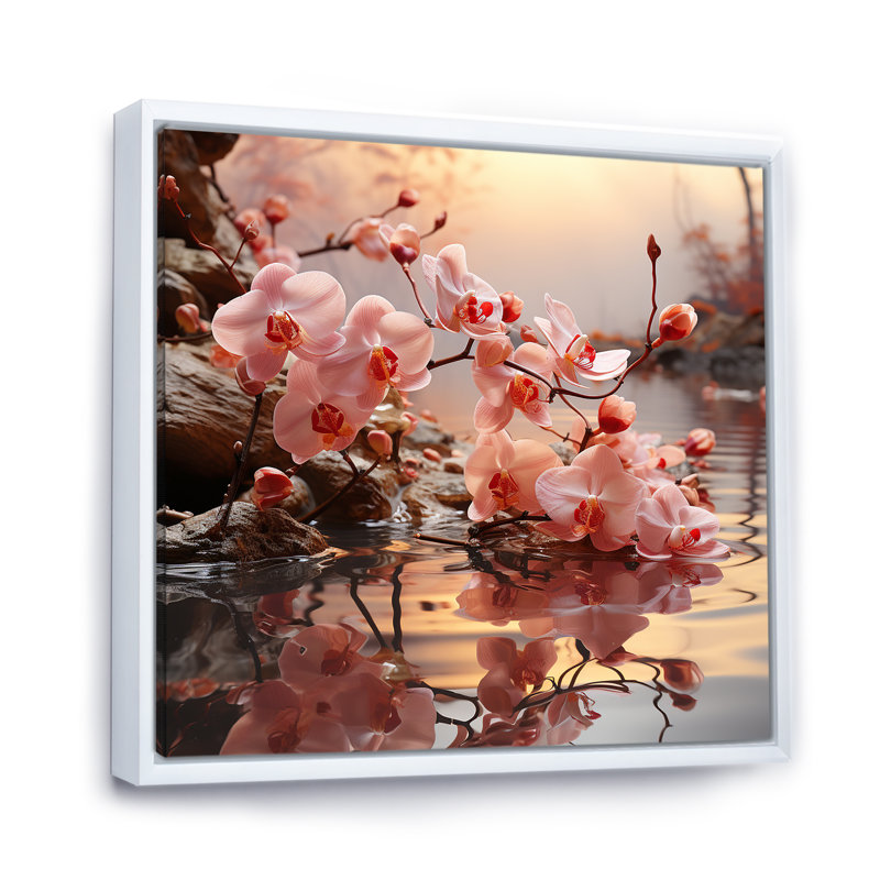 Orchidées dans des teintes d'améthyste poussent le long de l'eau sur toile, Cadre flottant blanc, H 30 po x l 30 po x P 1 po