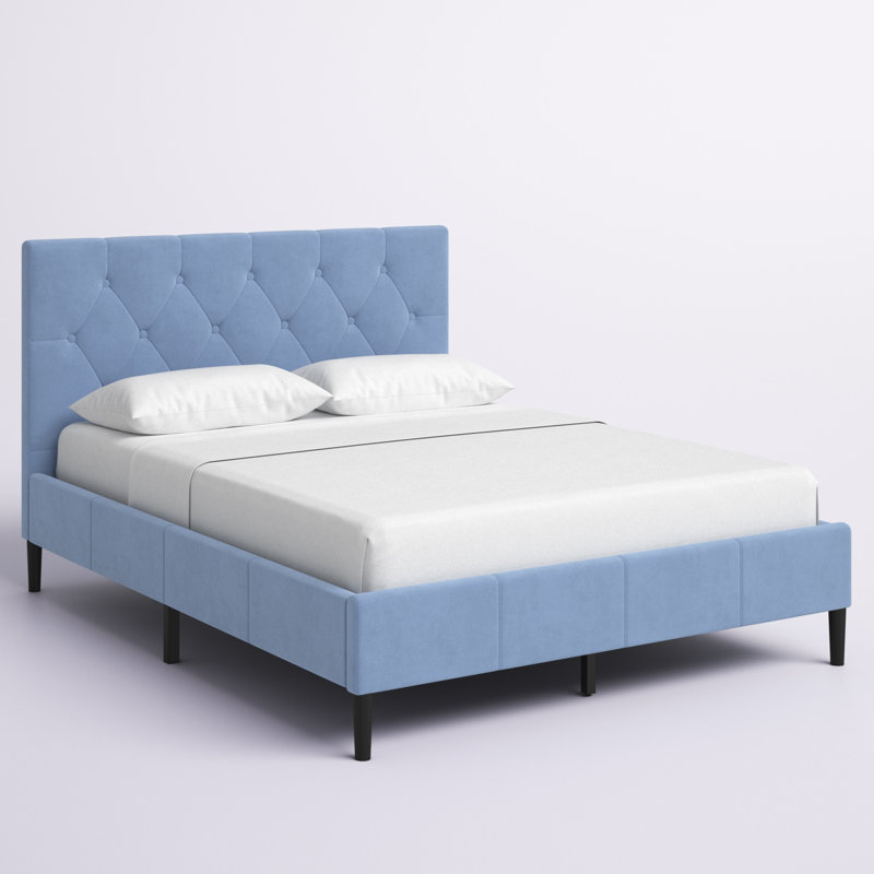 Upholstered Platform Bed, Light Blue, Queen