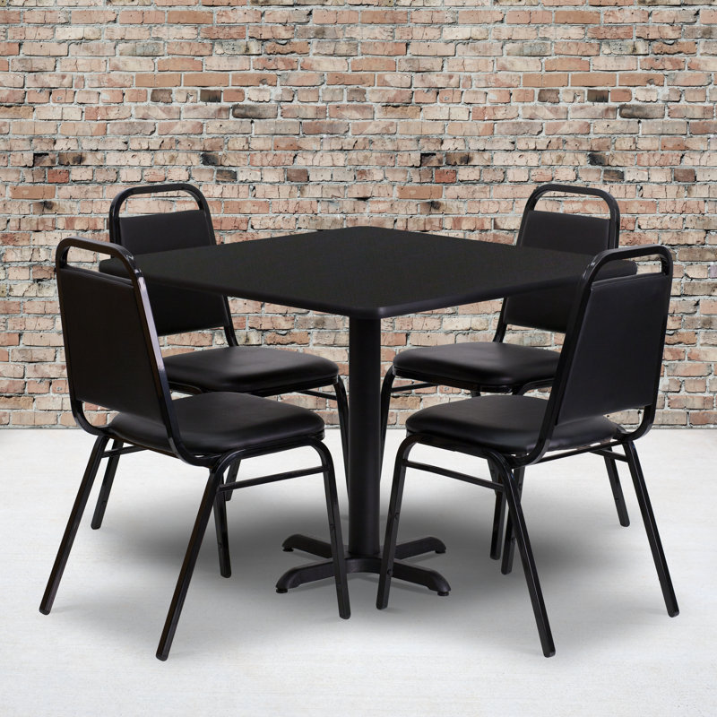 36'' Square Laminate Table Set with X-Base and 4 Trapezoidal Back Banquet Chairs, Black