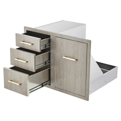 Armoire à tiroirs pour la cuisine extérieure, rangement en acier inoxydable brossé résistant aux intempéries avec grain de bois, montage encastré pour les outils de propane et de barbecue, sans perceuse, magnolia, 30 po x 22 po