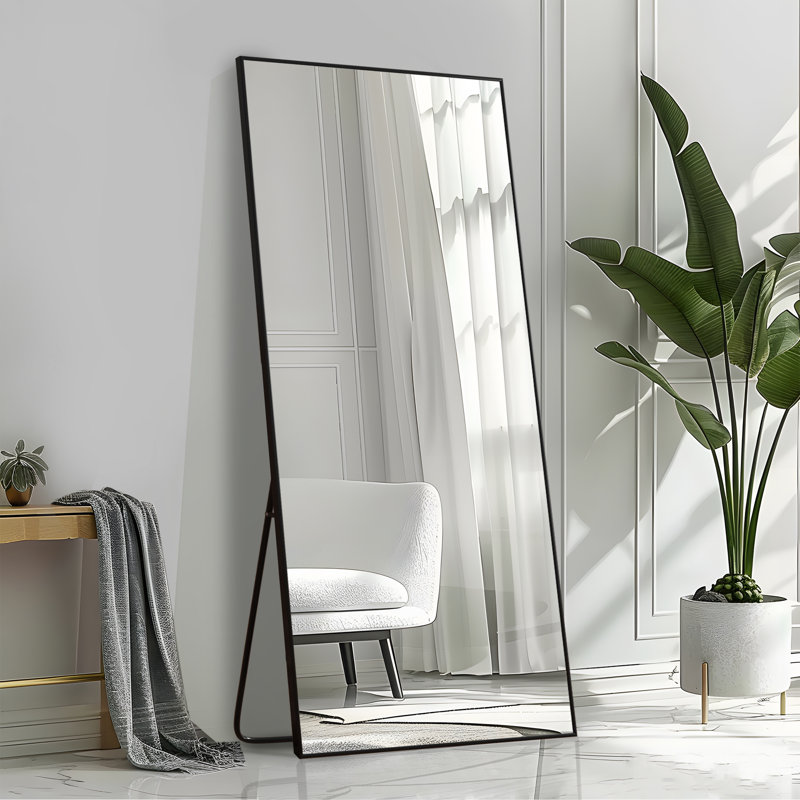 Lensa Rectangle Metal Full Length Wall Mirror with Embedded Bracket, Black, 79" x 35"