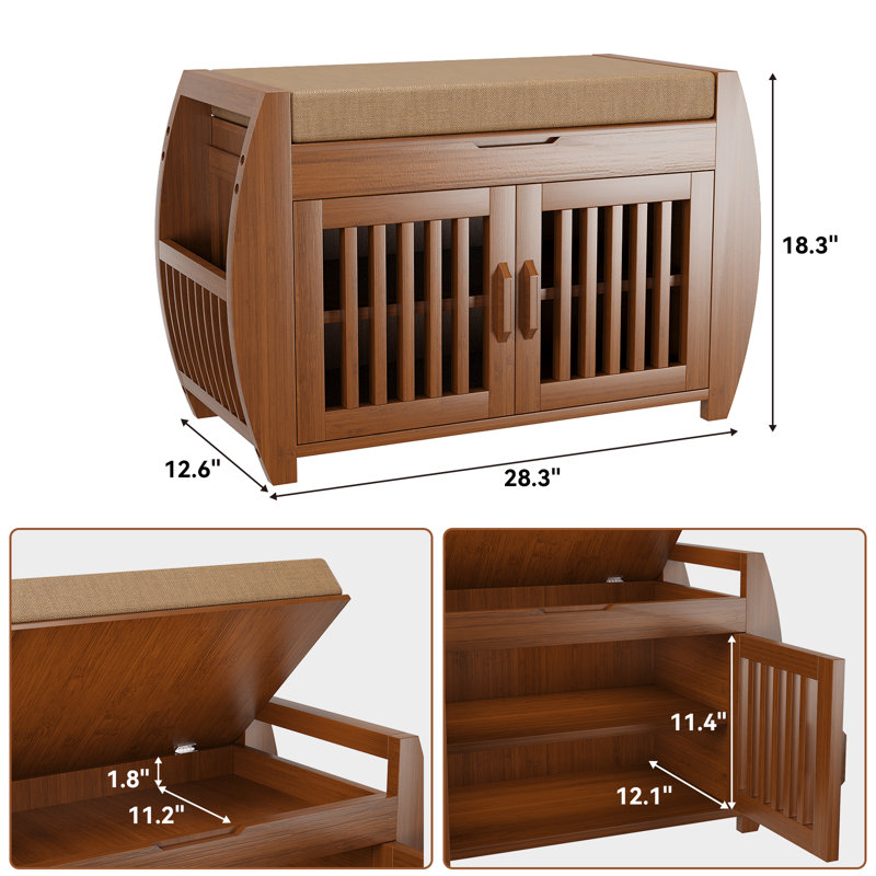 5-Pair Capacity Red-Brown Bamboo Shoe Bench with Hidden Storage