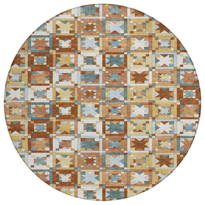 Machine Washable Indoor/Outdoor Chantille ACN2553 Patchwork Rug, Round 8', Paprika