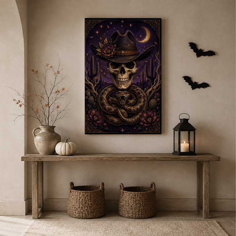 Impression sur toile mauve, crâne de cowboy, H 48 po x l 36 po