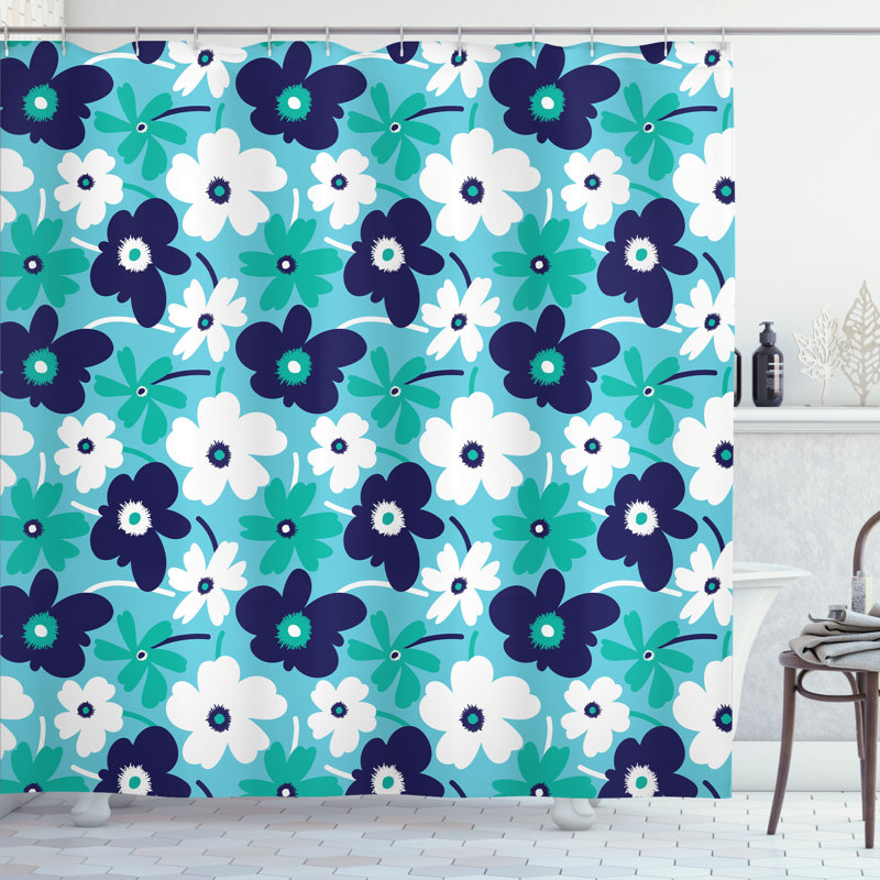 East Urban Home Aqua Shower Curtain Spring Flowers Multicolor, 84"H x 69"W