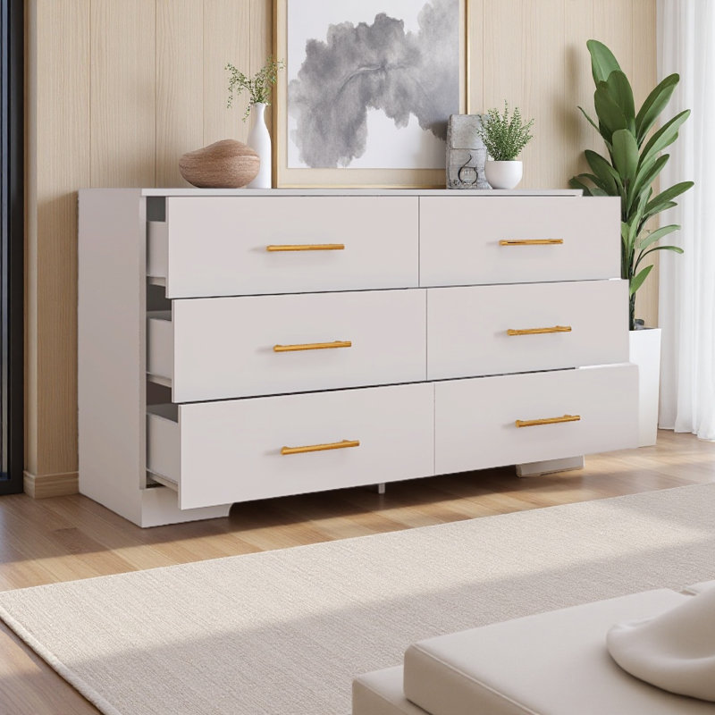 Grande commode 6 tiroirs avec poignée dorée, Blanc