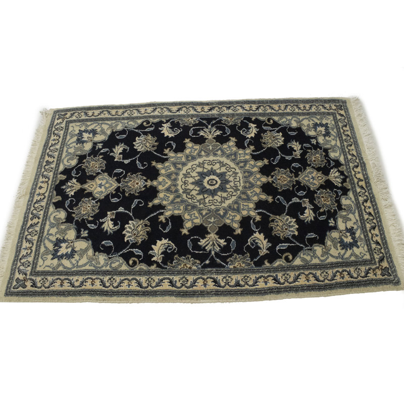 Tapis bleu / vert en laine noué à la main de conception unique 2 pi 10 po x 4 pi 6 po années 2000 Nekizia