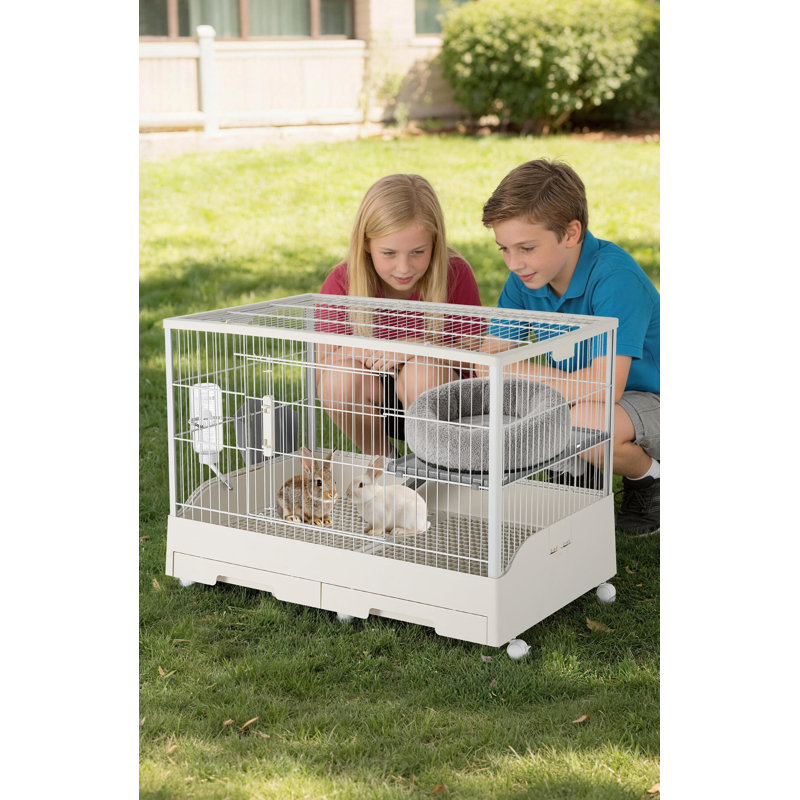 33" Large Small Animal Cage, Rabbit Hutch w/ 2 Trays, Ramp, 6 Casters, Water & Hay Feeder, Indoor/Outdoor