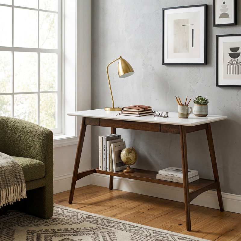 Bureau 48 po Mid-Century avec tablette de rangement inférieure - base en bois de pacanier, plateau blanc, l 48 po x P 24 po