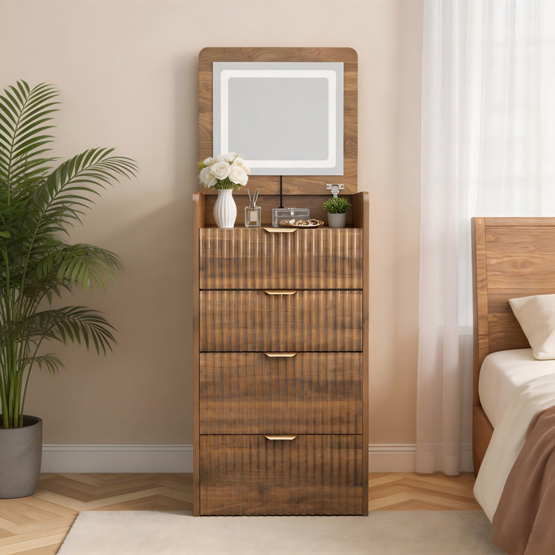 Coiffeuse 3 en 1 avec miroir lumineux rabattable et tabouret à roulettes, table de maquillage compacte avec 3 tiroirs – Ensemble coiffeuse en noyer pour chambre à coucher