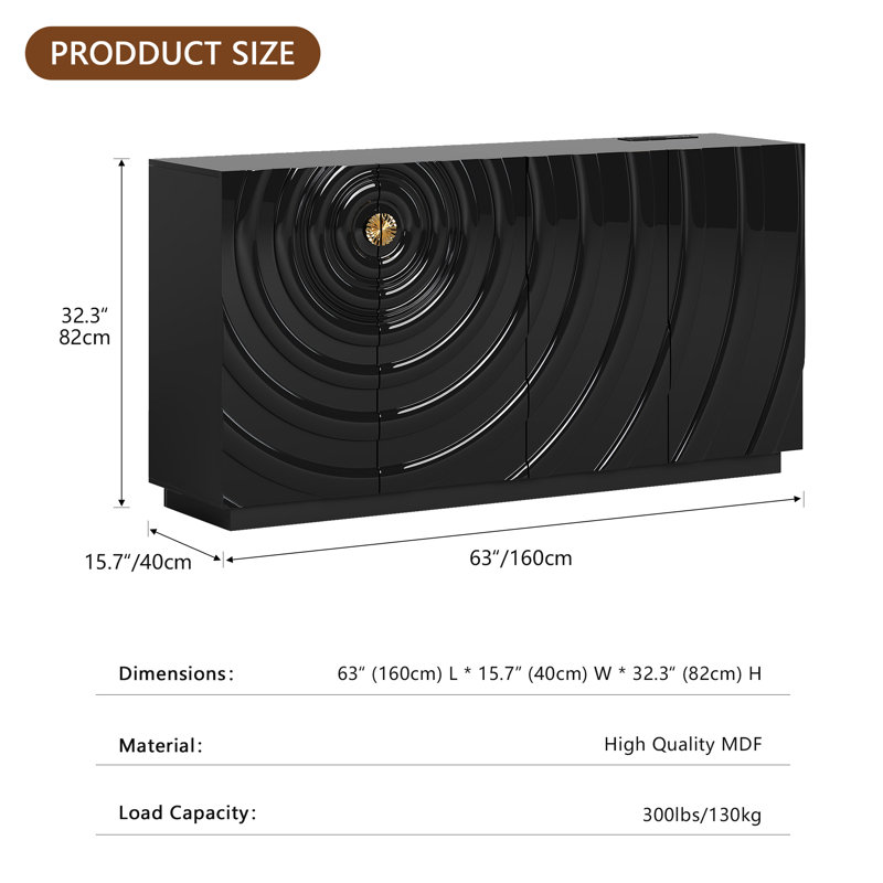 63'' Sideboard Cabinet With 7 Color Dazzles Led Light, Charging Station And Motion Sensor, Black